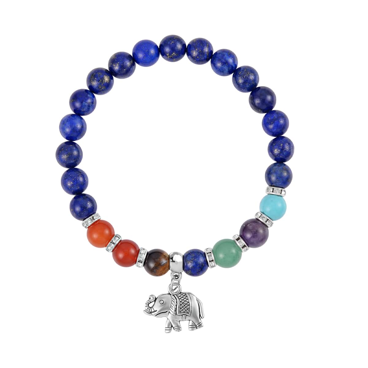 Multi Gemstone Beaded 7 Chakra Stretch Bracelet and Necklace 18-20 Inches with Elephant Charm in Silvertone 288.50 ctw image number 5