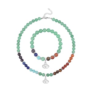 Multi Gemstone Beaded 7 Chakra Stretch Bracelet and Necklace 18-20 Inches with Lotus Charm in Silvertone 288.50 ctw