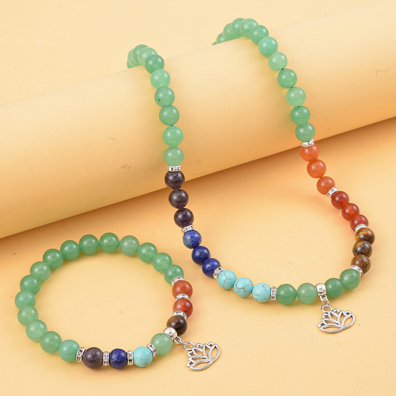 Multi Gemstone Beaded 7 Chakra Stretch Bracelet and Necklace 18-20 Inches with Elephant Charm in Silvertone 288.50 ctw