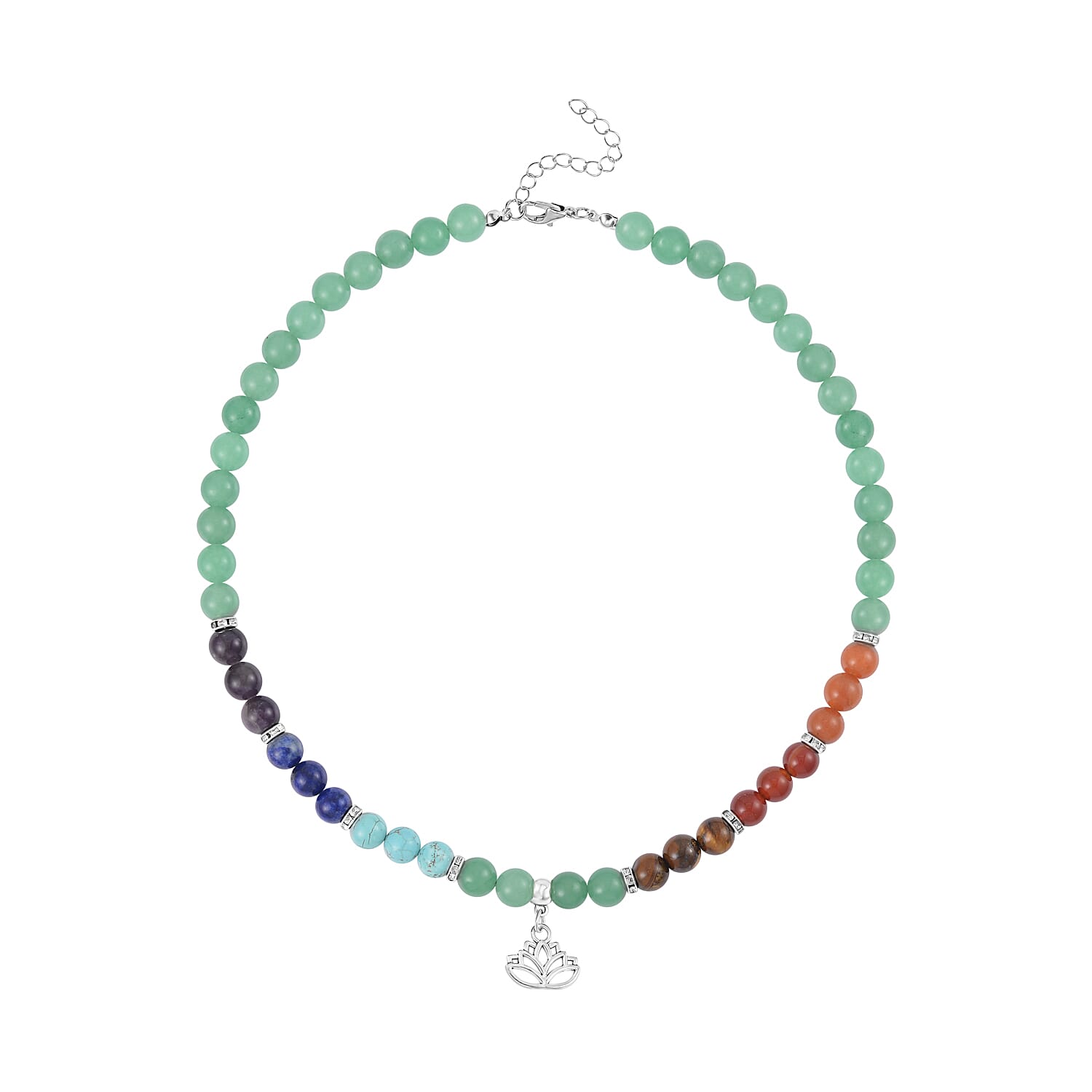 Multi Gemstone Beaded 7 Chakra Stretch Bracelet and Necklace 18-20 Inches with Lotus Charm in Silvertone 288.50 ctw