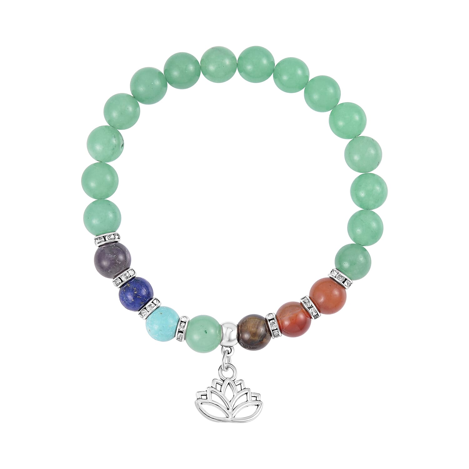Multi Gemstone Beaded 7 Chakra Stretch Bracelet and Necklace 18-20 Inches with Lotus Charm in Silvertone 288.50 ctw