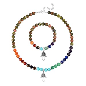 Multi Gemstone Beaded 7 Chakra Stretch Bracelet and Necklace 18-20 Inches with Hamsa Charm in Silvertone 288.50 ctw