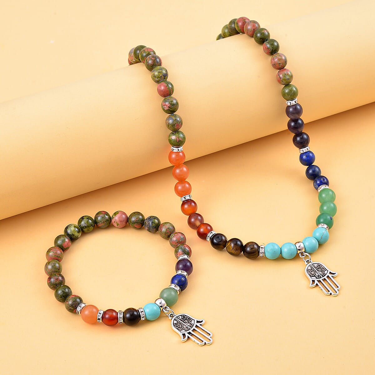 Multi Gemstone Beaded 7 Chakra Stretch Bracelet and Necklace 18-20 Inches with Hamsa Charm in Silvertone 288.50 ctw image number 1