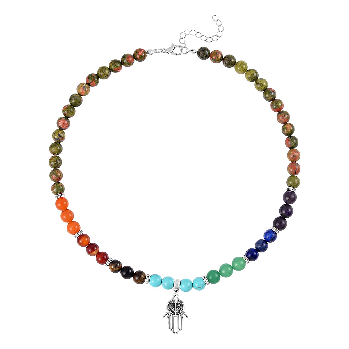 Multi Gemstone Beaded 7 Chakra Stretch Bracelet and Necklace 18-20 Inches with Hamsa Charm in Silvertone 288.50 ctw image number 2