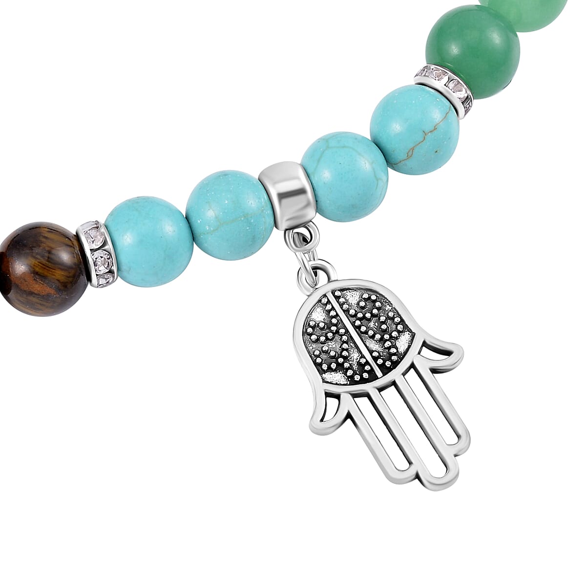 Multi Gemstone Beaded 7 Chakra Stretch Bracelet and Necklace 18-20 Inches with Hamsa Charm in Silvertone 288.50 ctw image number 3