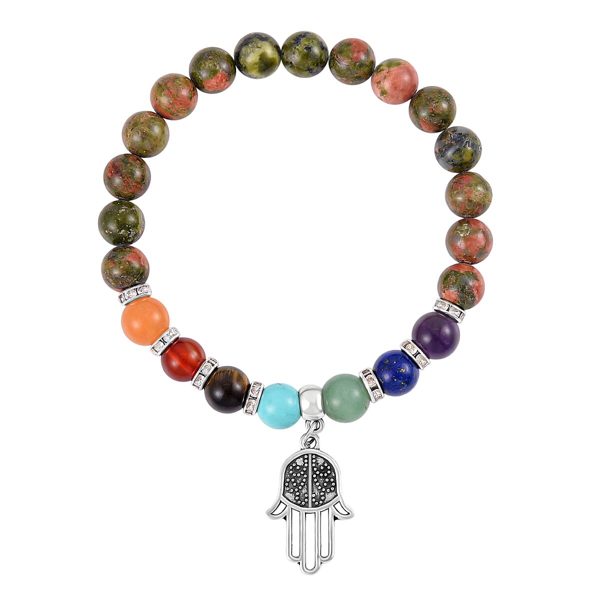 Multi Gemstone Beaded 7 Chakra Stretch Bracelet and Necklace 18-20 Inches with Hamsa Charm in Silvertone 288.50 ctw image number 5
