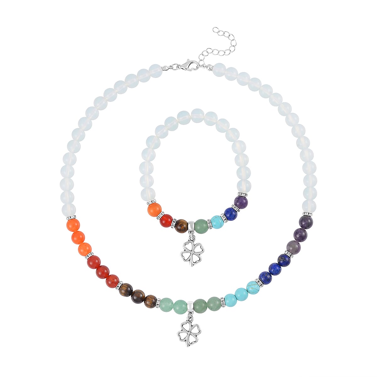 Multi Gemstone Beaded 7 Chakra Stretch Bracelet and Necklace 18-20 Inches with Clover Flower Charm in Silvertone 288.50 ctw image number 0