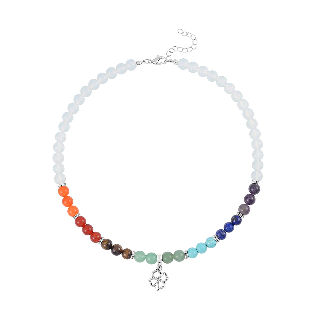 Multi Gemstone Beaded 7 Chakra Stretch Bracelet and Necklace 18-20 Inches with Clover Flower Charm in Silvertone 288.50 ctw image number 1