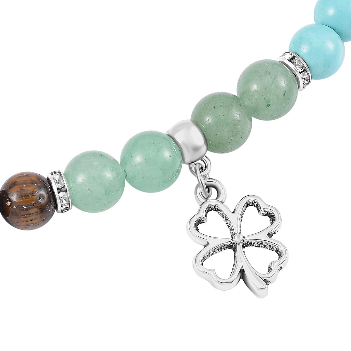 Multi Gemstone Beaded 7 Chakra Stretch Bracelet and Necklace 18-20 Inches with Clover Flower Charm in Silvertone 288.50 ctw image number 2