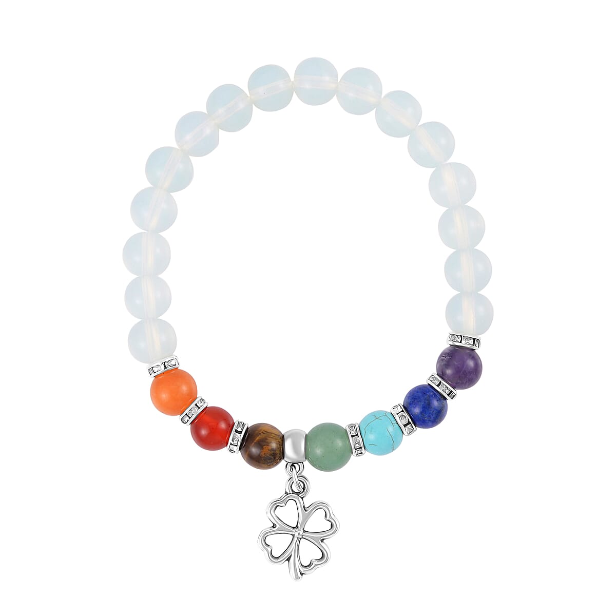 Multi Gemstone Beaded 7 Chakra Stretch Bracelet and Necklace 18-20 Inches with Clover Flower Charm in Silvertone 288.50 ctw image number 4