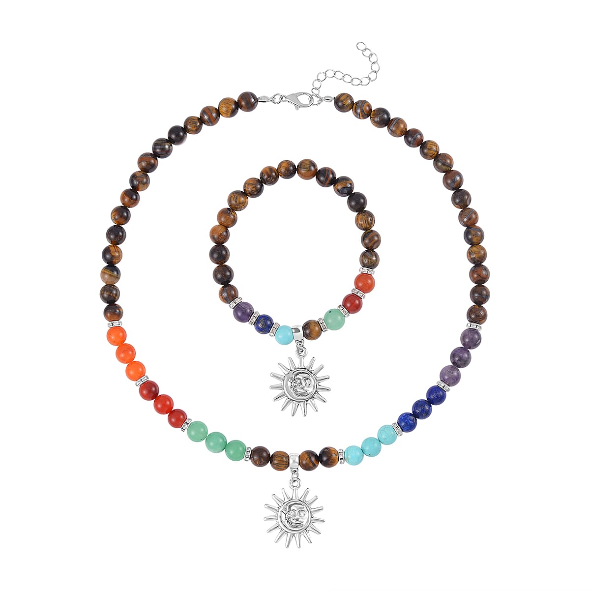 Multi Gemstone Beaded 7 Chakra Stretch Bracelet and Necklace 18-20 Inches with Sun Charm in Silvertone 288.50 ctw image number 0