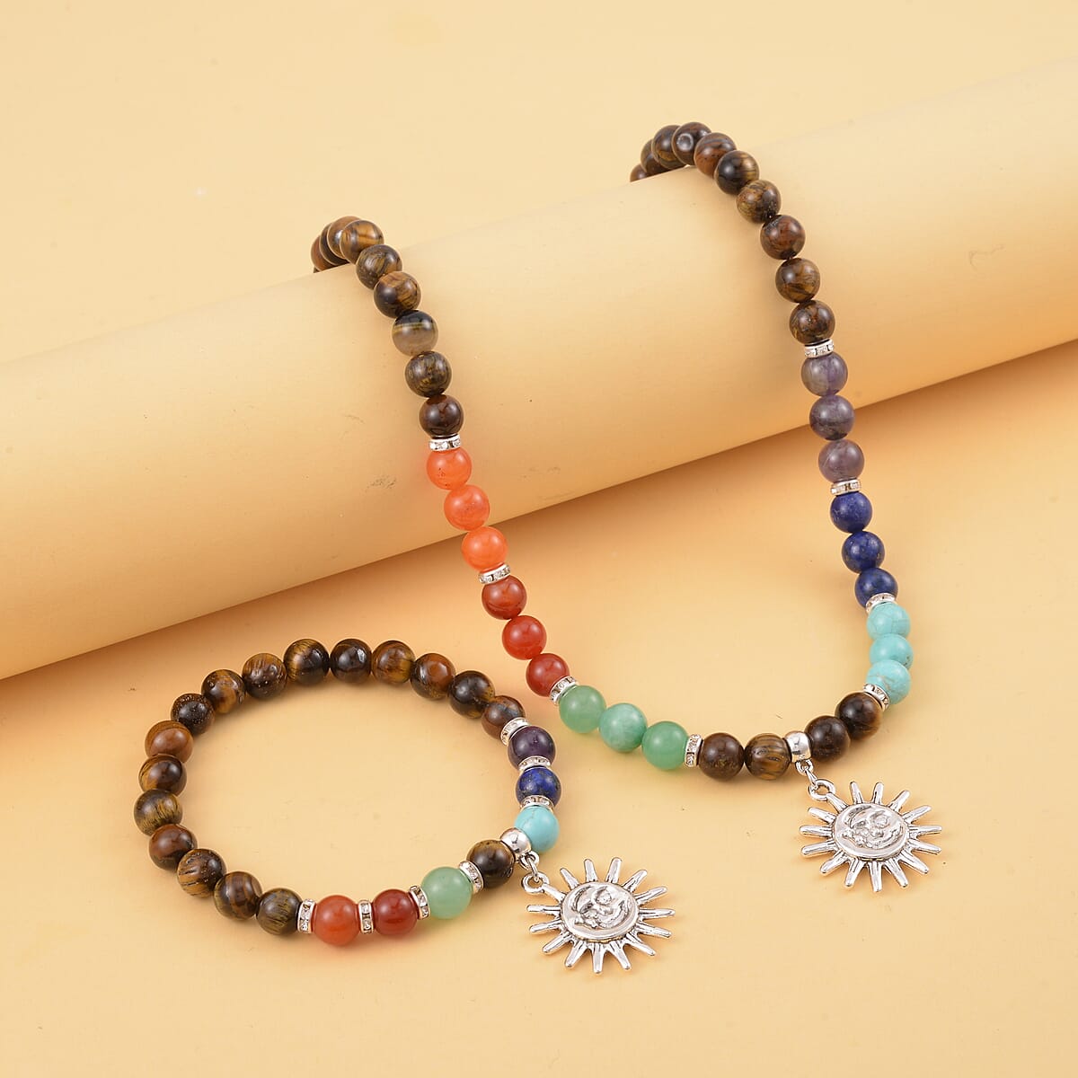 Multi Gemstone Beaded 7 Chakra Stretch Bracelet and Necklace 18-20 Inches with Sun Charm in Silvertone 288.50 ctw image number 1