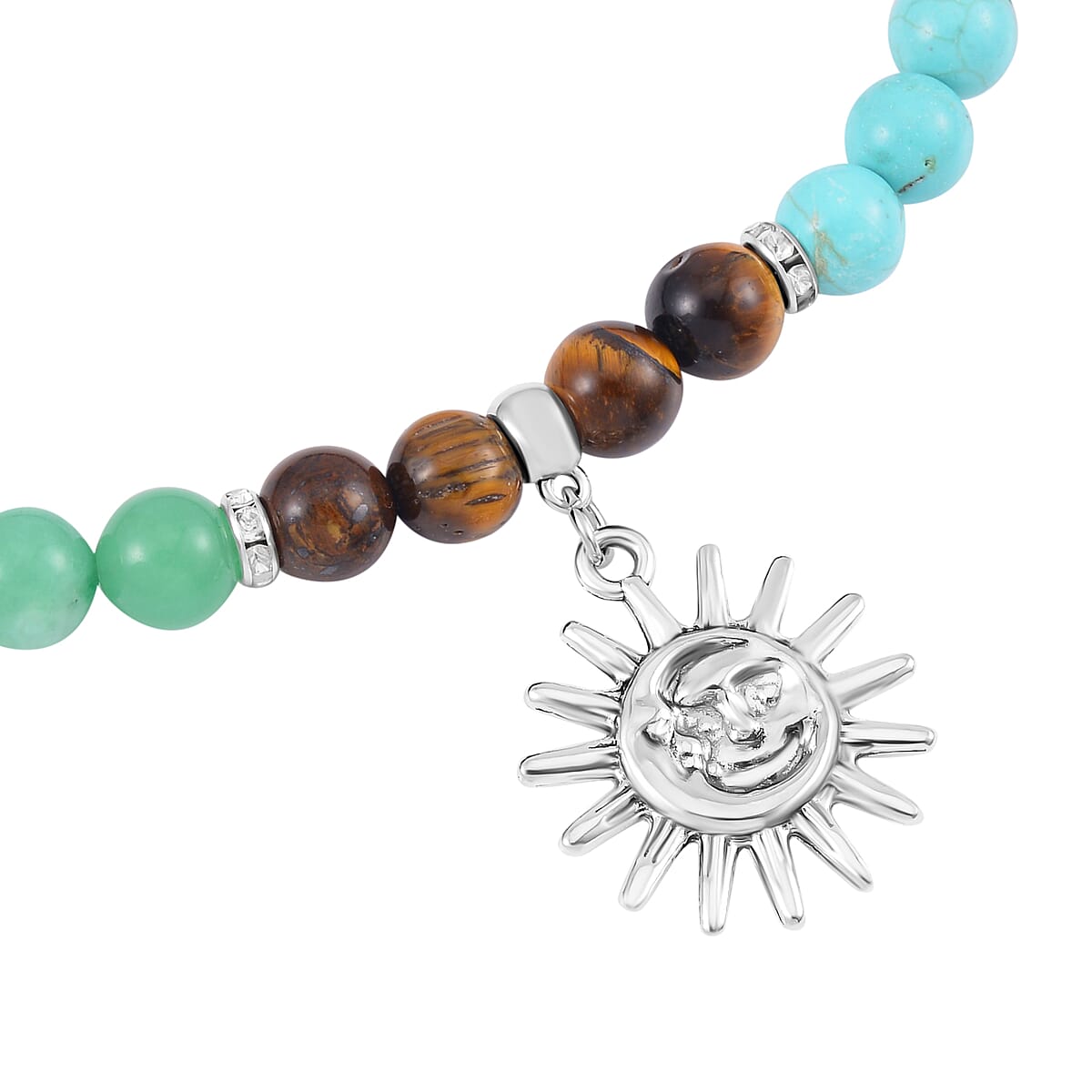 Multi Gemstone Beaded 7 Chakra Stretch Bracelet and Necklace 18-20 Inches with Sun Charm in Silvertone 288.50 ctw image number 2