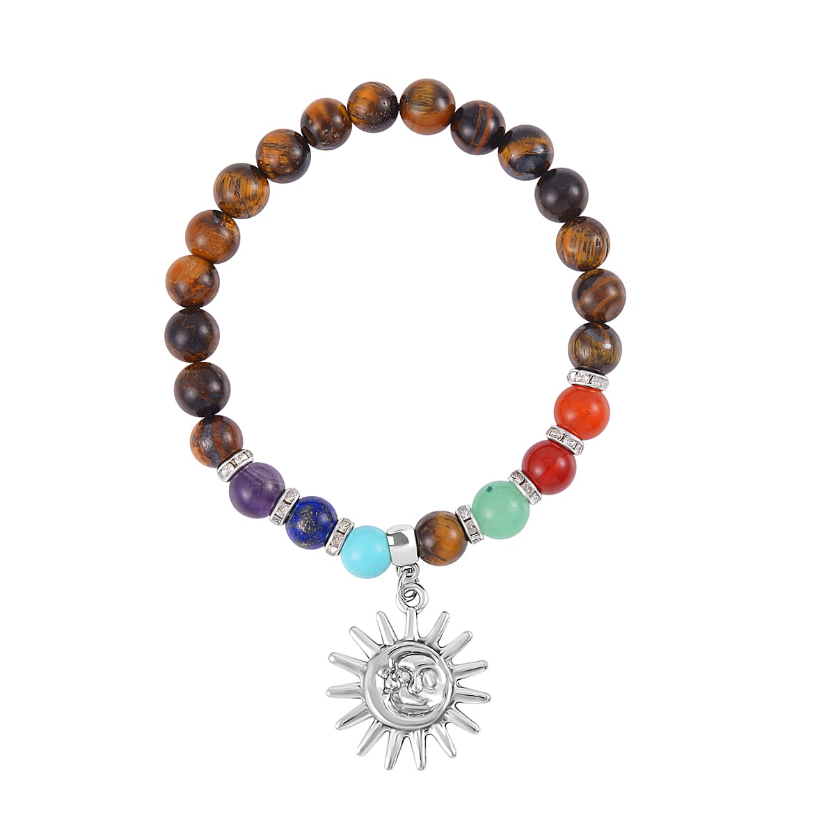 Multi Gemstone Beaded 7 Chakra Stretch Bracelet and Necklace 18-20 Inches with Sun Charm in Silvertone 288.50 ctw image number 4