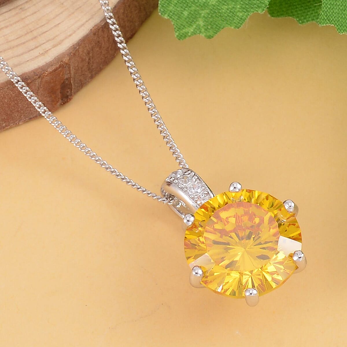 Lustro Stella Concave Cut Finest Yellow and White CZ Pendant Necklace 18 Inches in Rhodium Over Sterling Silver 11.50 ctw image number 1