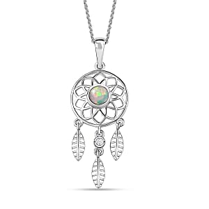Premium Ethiopian Welo Opal and White Zircon Pendant Necklace 20 Inches in Platinum Over Sterling Silver 0.50 ctw