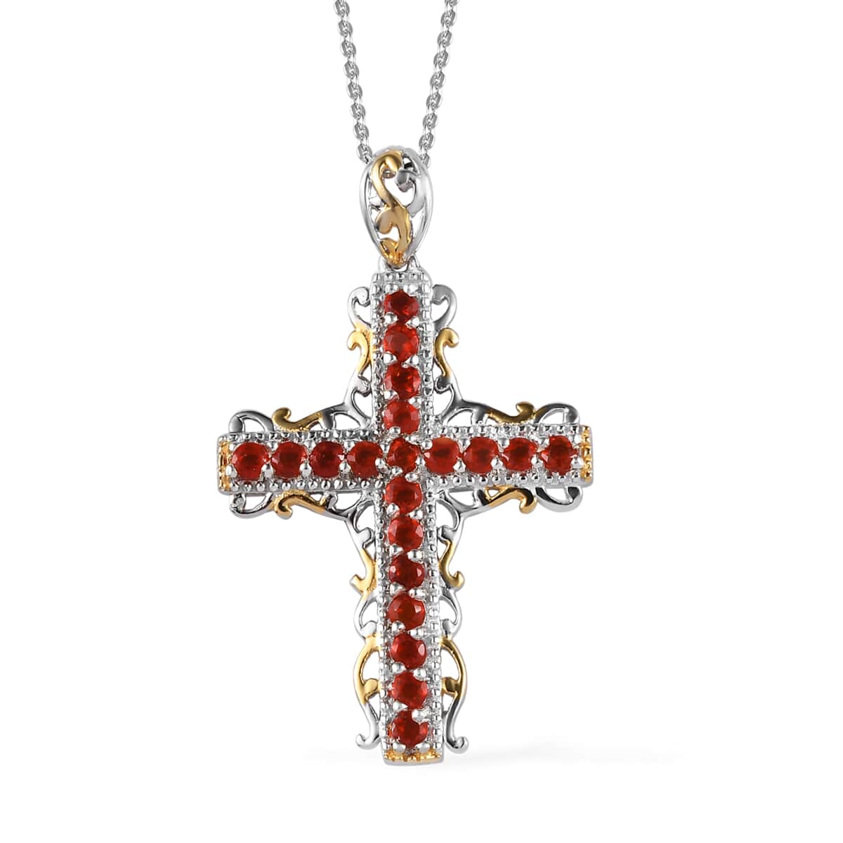 Narsipatnam Alexandrite and Mexican Cherry Fire Opal Reversible Cross Pendant Necklace 20 Inches in Vermeil YG and Platinum Over Sterling Silver 1.80 ctw image number 0