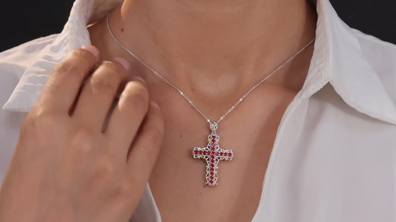 Narsipatnam Alexandrite and Mexican Cherry Fire Opal Reversible Cross Pendant Necklace 20 Inches in Vermeil YG and Platinum Over Sterling Silver 1.80 ctw