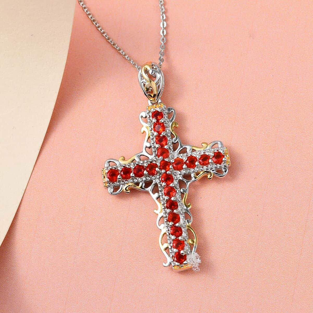 Narsipatnam Alexandrite and Mexican Cherry Fire Opal Reversible Cross Pendant Necklace 20 Inches in Vermeil YG and Platinum Over Sterling Silver 1.80 ctw image number 1