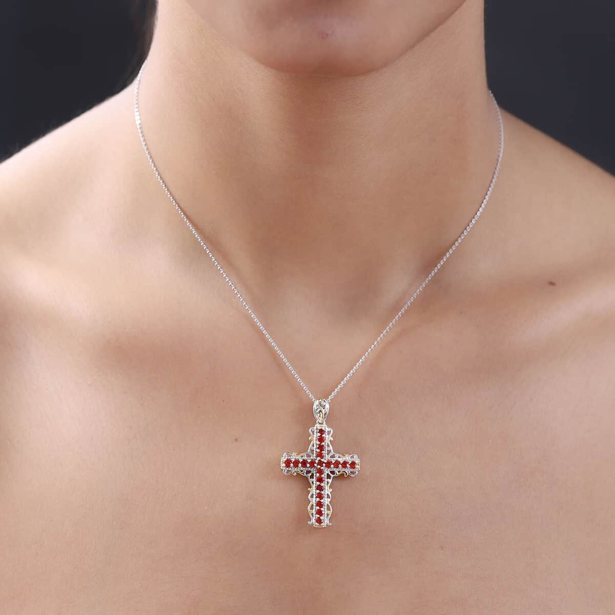 Narsipatnam Alexandrite and Mexican Cherry Fire Opal Reversible Cross Pendant Necklace 20 Inches in Vermeil YG and Platinum Over Sterling Silver 1.80 ctw image number 2