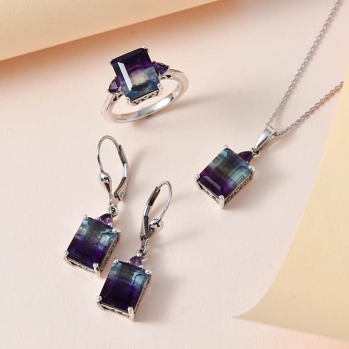 Bi Color Fluorite, Amethyst Earrings, Ring and Pendant Necklace 20 Inches in Platinum Over Sterling Silver 17.00 ctw (Del. in 7-10 Days) image number 1