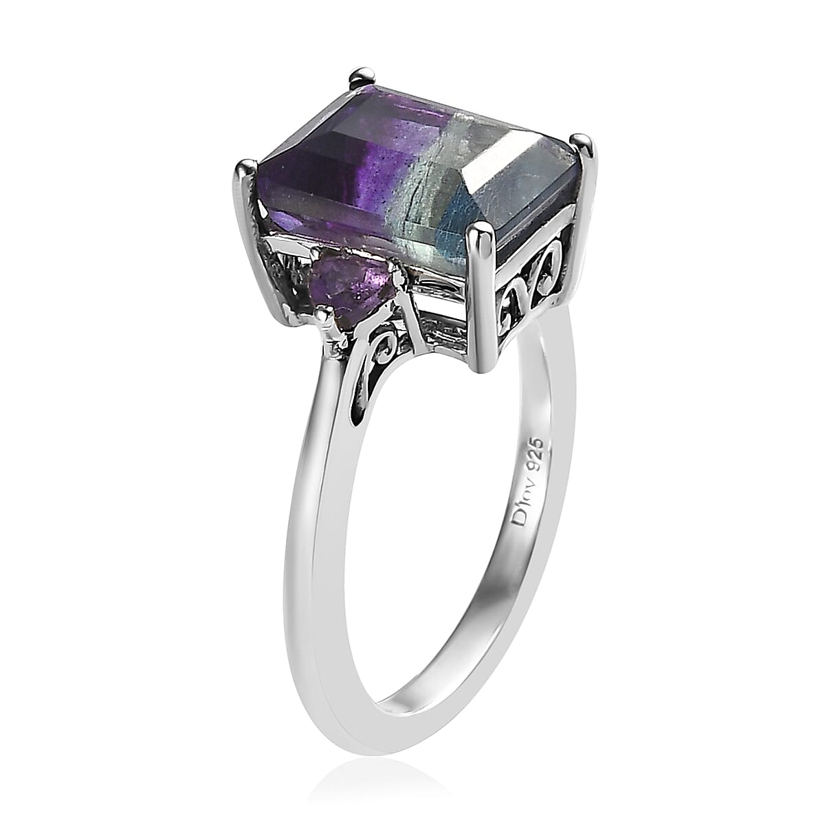 Bi Color Fluorite, Amethyst Earrings, Ring (Size 5.0) and Pendant Necklace 20 Inches in Platinum Over Sterling Silver 17.00 ctw