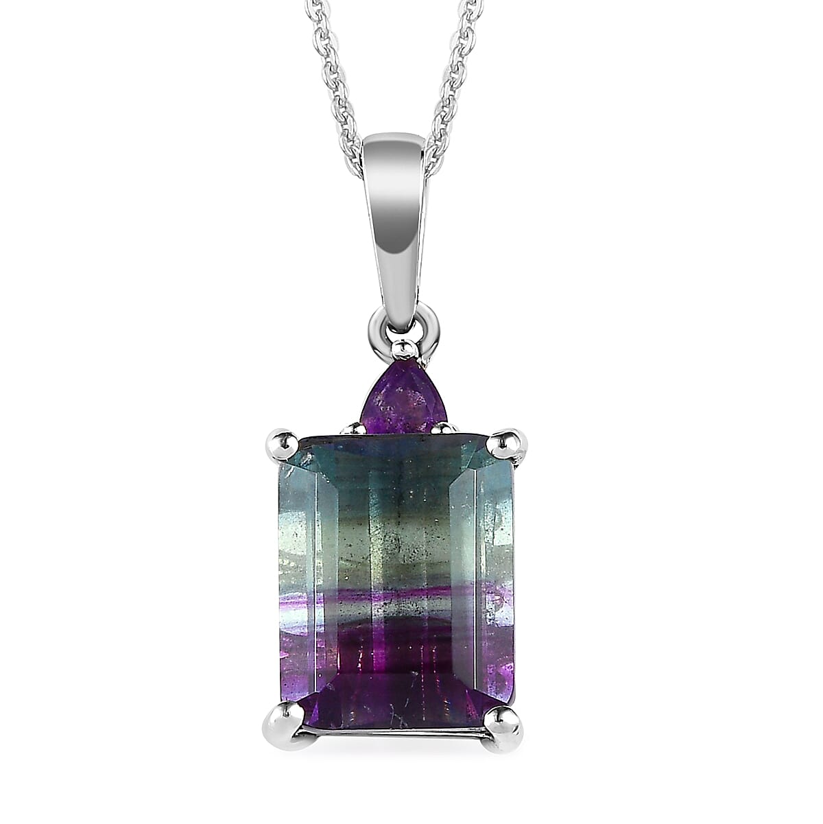 Bi Color Fluorite, Amethyst Earrings, Ring (Size 5.0) and Pendant Necklace 20 Inches in Platinum Over Sterling Silver 17.00 ctw