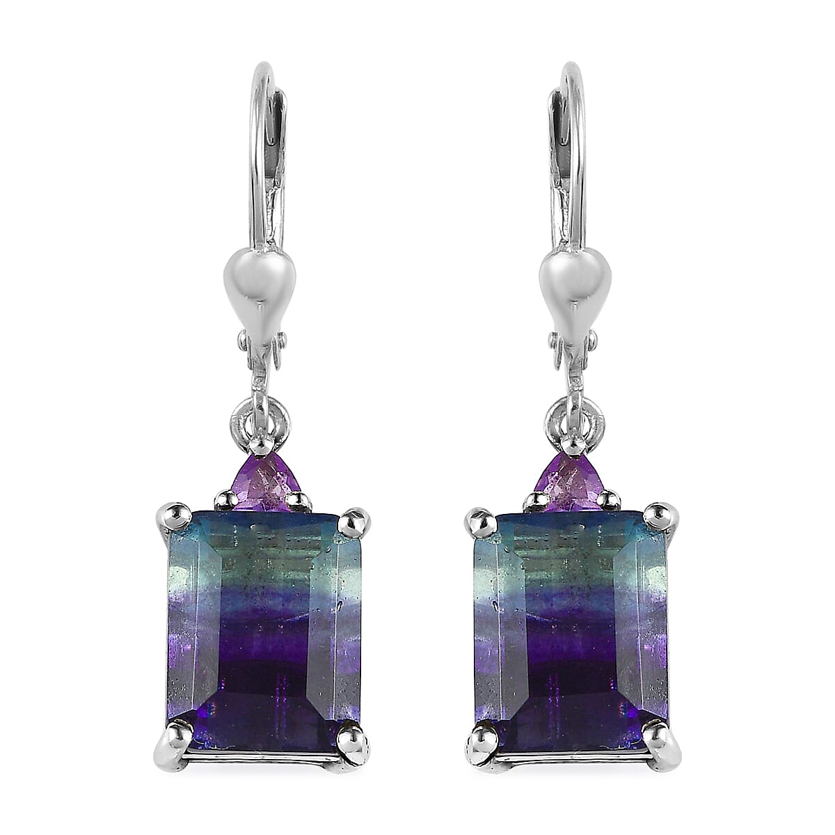 Bi Color Fluorite, Amethyst Earrings, Ring (Size 5.0) and Pendant Necklace 20 Inches in Platinum Over Sterling Silver 17.00 ctw