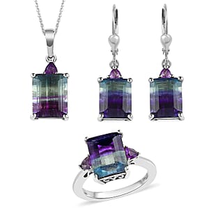 Bi Color Fluorite, Amethyst Earrings, Ring (Size 6.0) and Pendant Necklace 20 Inches in Platinum Over Sterling Silver 17.00 ctw
