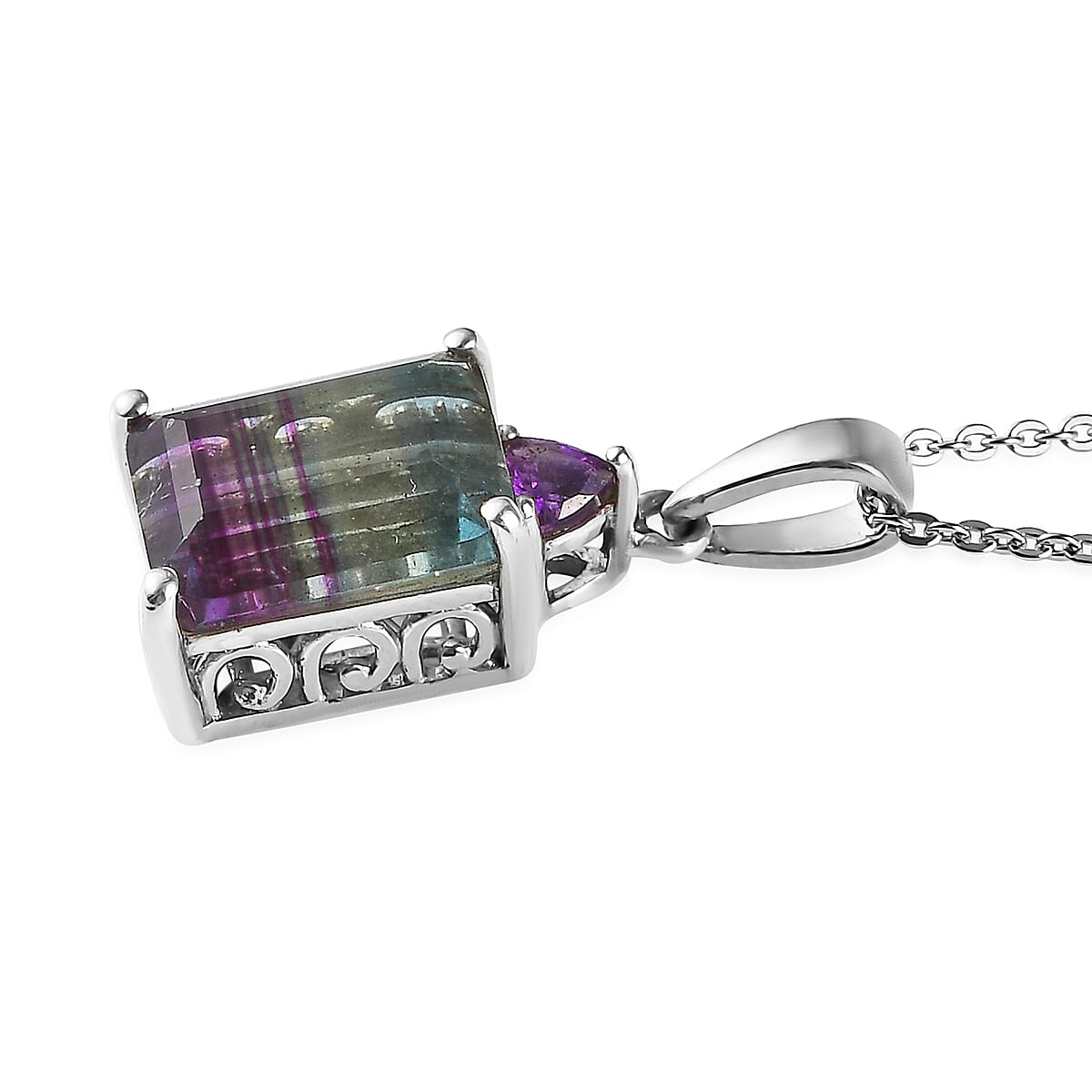 Bi Color Fluorite, Amethyst Earrings, Ring (Size 6.0) and Pendant Necklace 20 Inches in Platinum Over Sterling Silver 17.00 ctw image number 3