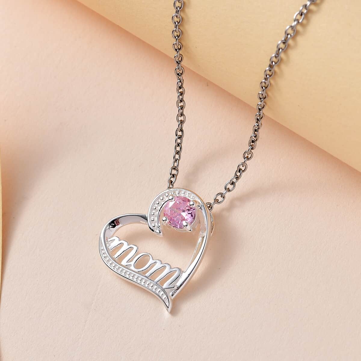 Simulated Pink Diamond Heart Pendant Necklace (20 Inches) in Sterling Silver and Stainless Steel 0.85 ctw image number 1