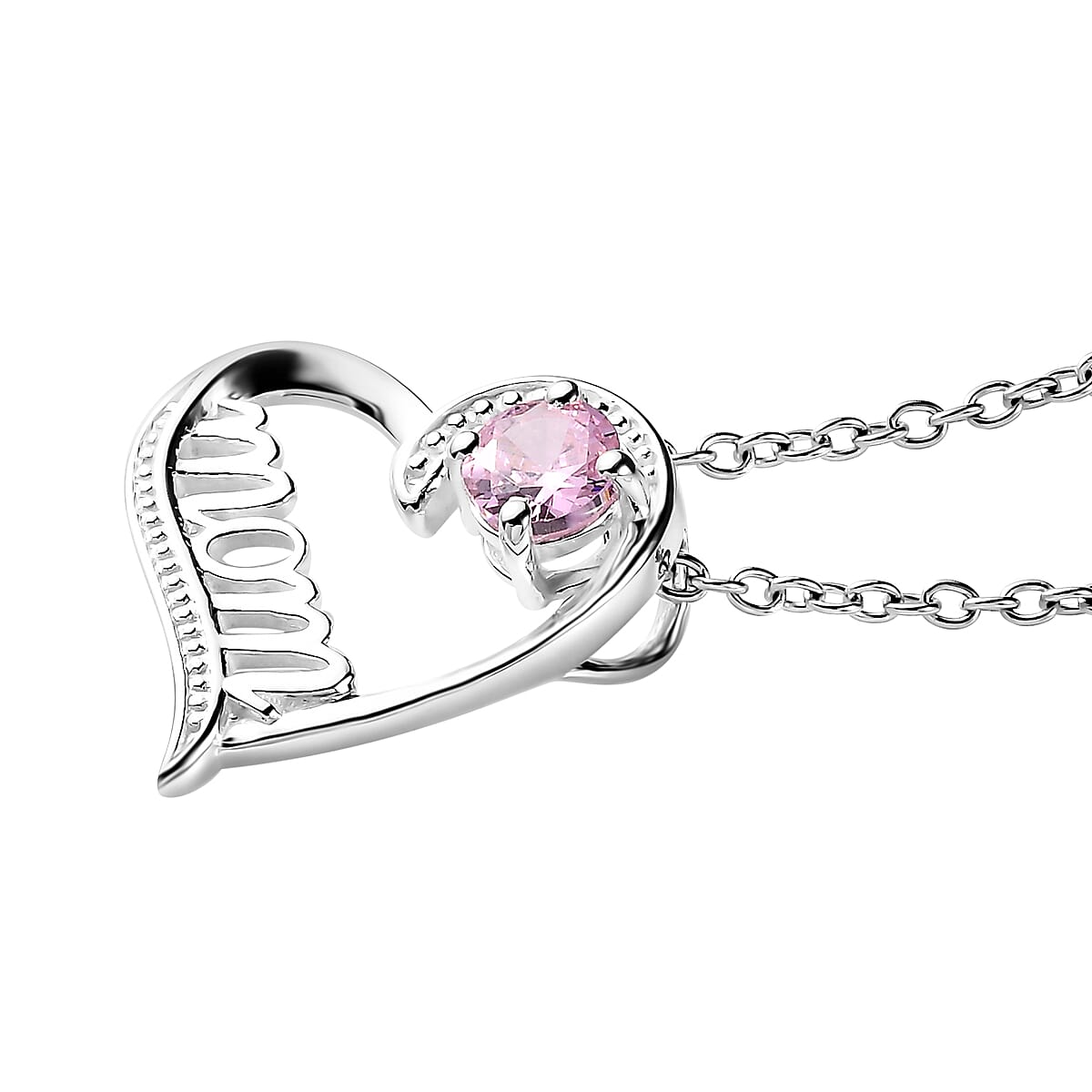 Simulated Pink Diamond Mom Heart Pendant in Sterling Silver with Stainless Steel Necklace 20 Inches 0.85 ctw