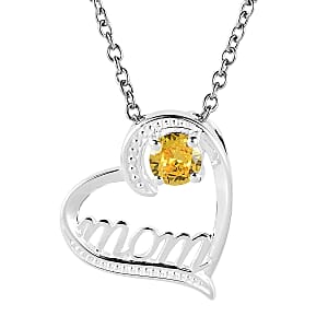 Simulated Yellow Diamond Mom Heart Pendant in Sterling Silver with Stainless Steel Necklace 20 Inches 0.75 ctw