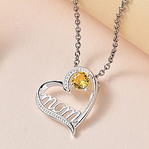 Simulated Yellow Diamond Mom Heart Pendant in Sterling Silver with Stainless Steel Necklace 20 Inches 0.75 ctw