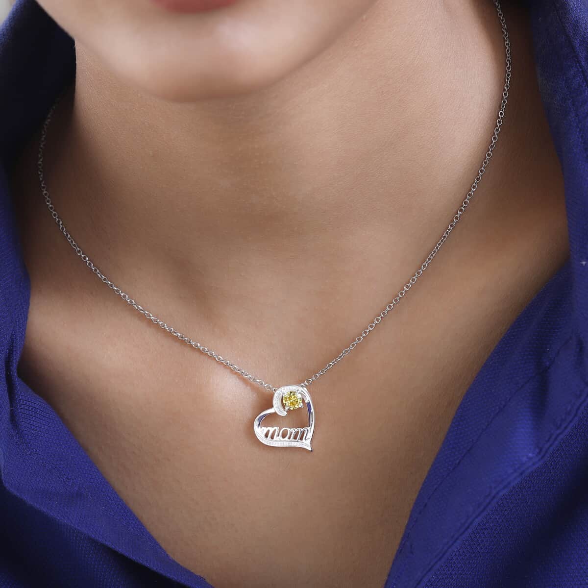 Simulated Yellow Diamond Mom Heart Pendant in Sterling Silver with Stainless Steel Necklace 20 Inches 0.75 ctw image number 2