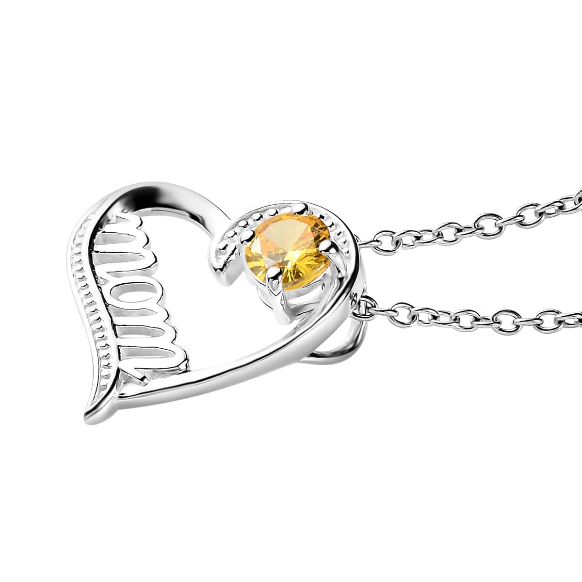 Simulated Yellow Diamond Mom Heart Pendant in Sterling Silver with Stainless Steel Necklace 20 Inches 0.75 ctw image number 3