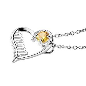 Simulated Yellow Diamond Mom Heart Pendant in Sterling Silver with Stainless Steel Necklace 20 Inches 0.75 ctw