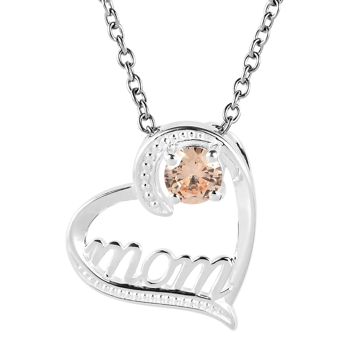 Simulated Champagne Diamond Mom Heart Pendant in Sterling Silver with Stainless Steel Necklace 20 Inches 0.80 ctw image number 0