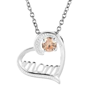 Simulated Champagne Diamond Mom Heart Pendant in Sterling Silver with Stainless Steel Necklace 20 Inches 0.80 ctw