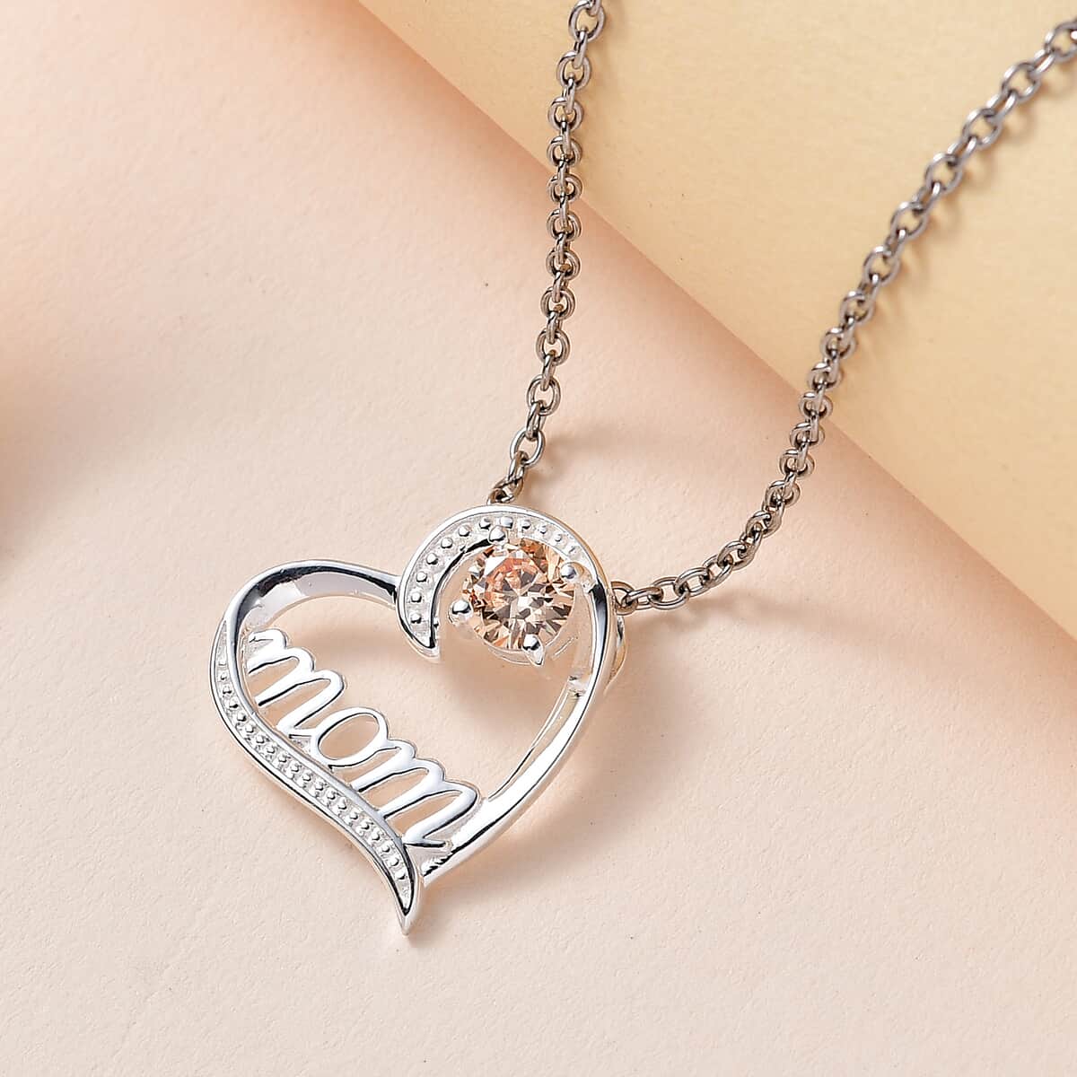Simulated Champagne Diamond Mom Heart Pendant in Sterling Silver with Stainless Steel Necklace 20 Inches 0.80 ctw image number 1