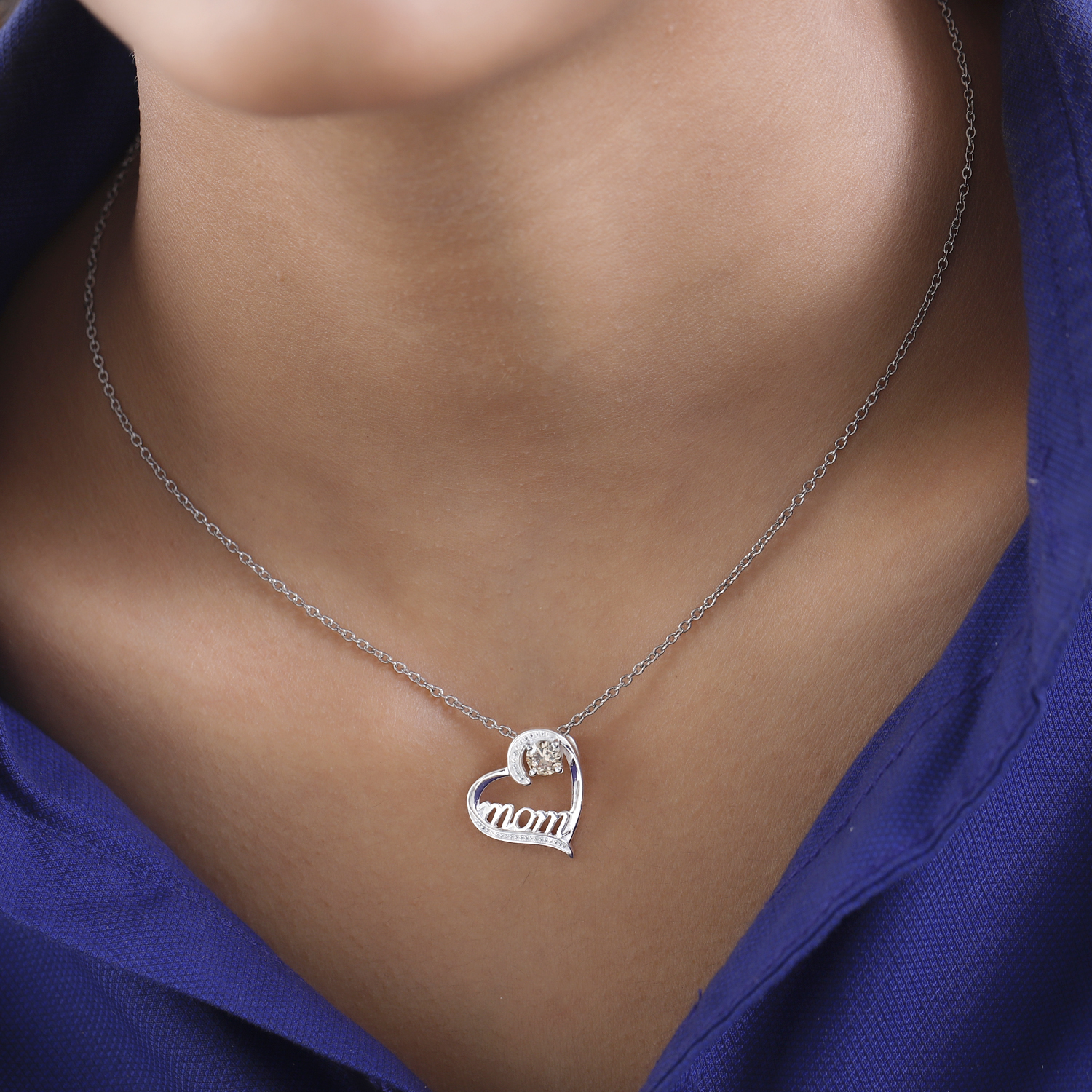 Simulated Champagne Diamond Mom Heart Pendant in Sterling Silver with Stainless Steel Necklace 20 Inches 0.80 ctw
