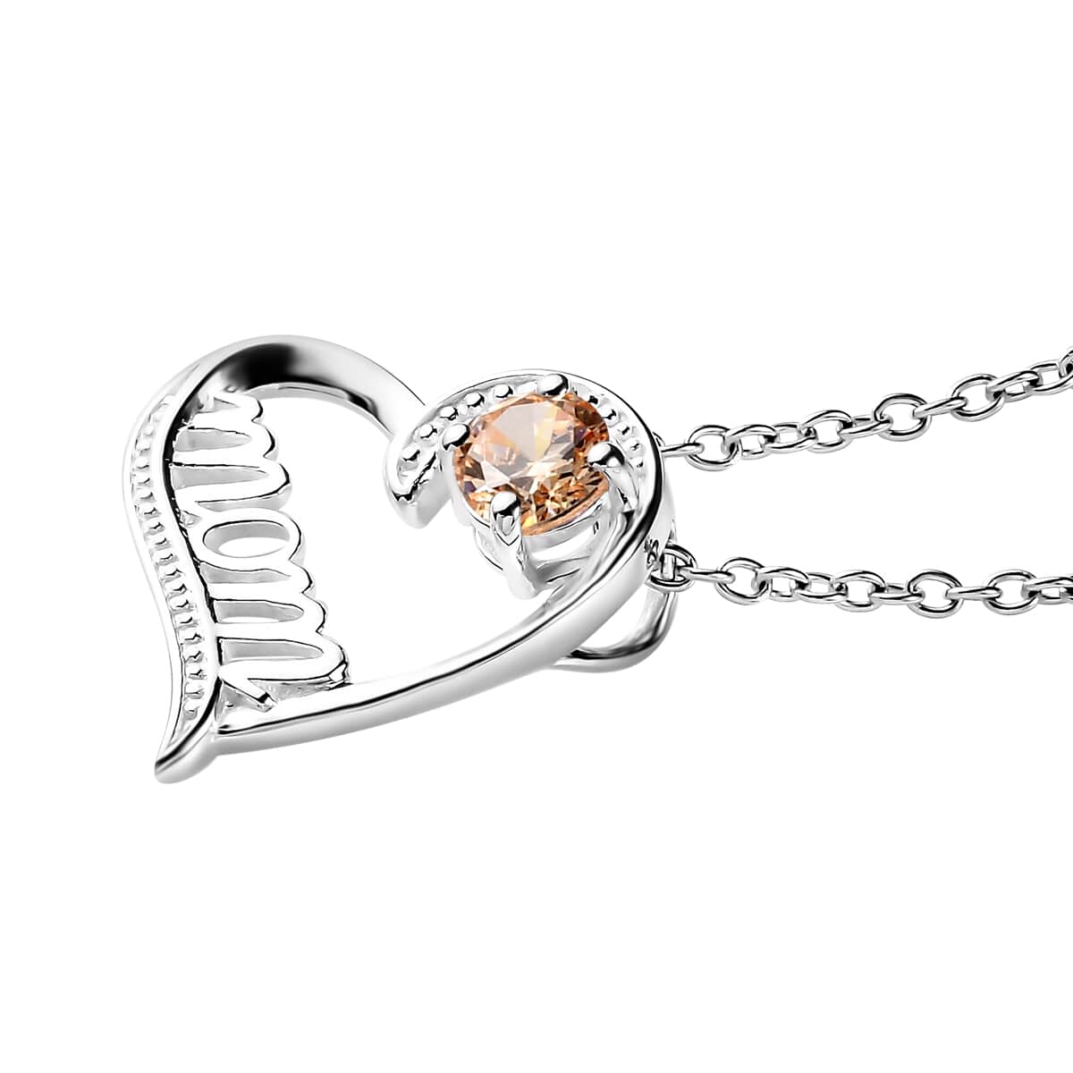 Simulated Champagne Diamond Mom Heart Pendant in Sterling Silver with Stainless Steel Necklace 20 Inches 0.80 ctw image number 3