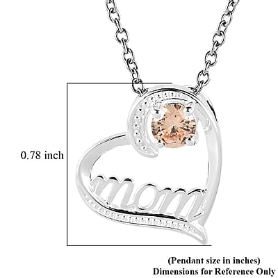 Simulated Champagne Diamond Mom Heart Pendant in Sterling Silver with Stainless Steel Necklace 20 Inches 0.80 ctw