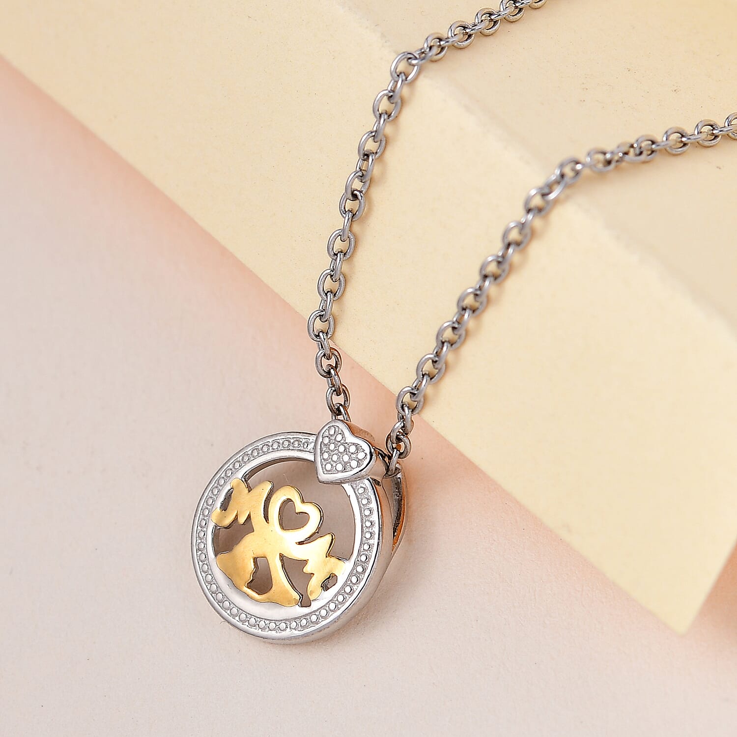 14K YG Over and Sterling Silver MOM Pendant with Stainless Steel Necklace 20 Inches