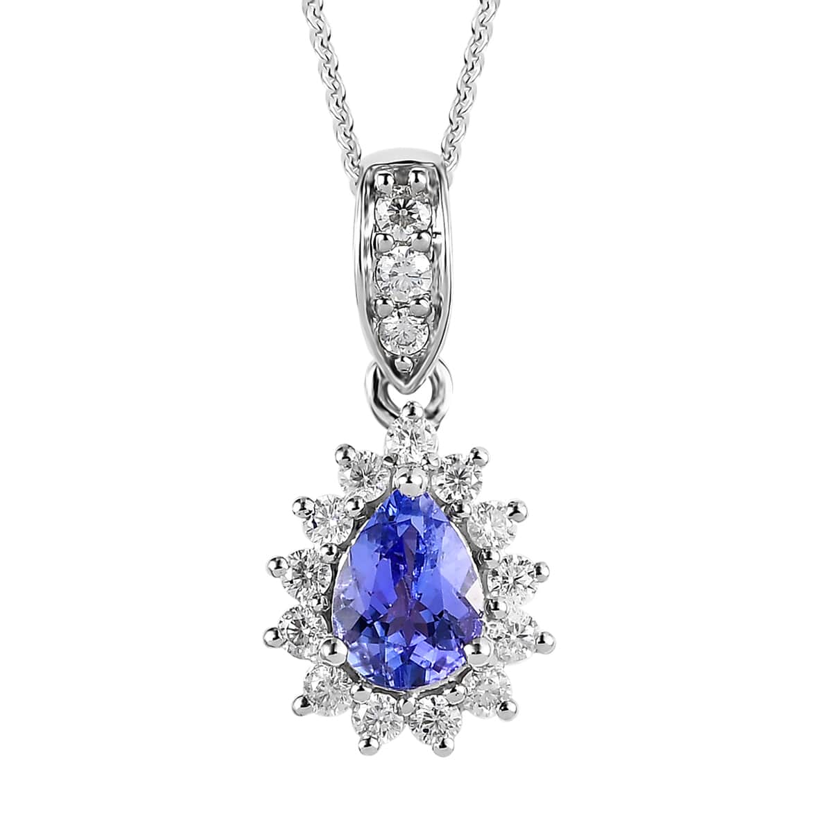 Tanzanite and Moissanite Sunburst Pendant Necklace 20 Inches in Platinum Over Sterling Silver 1.00 ctw image number 0