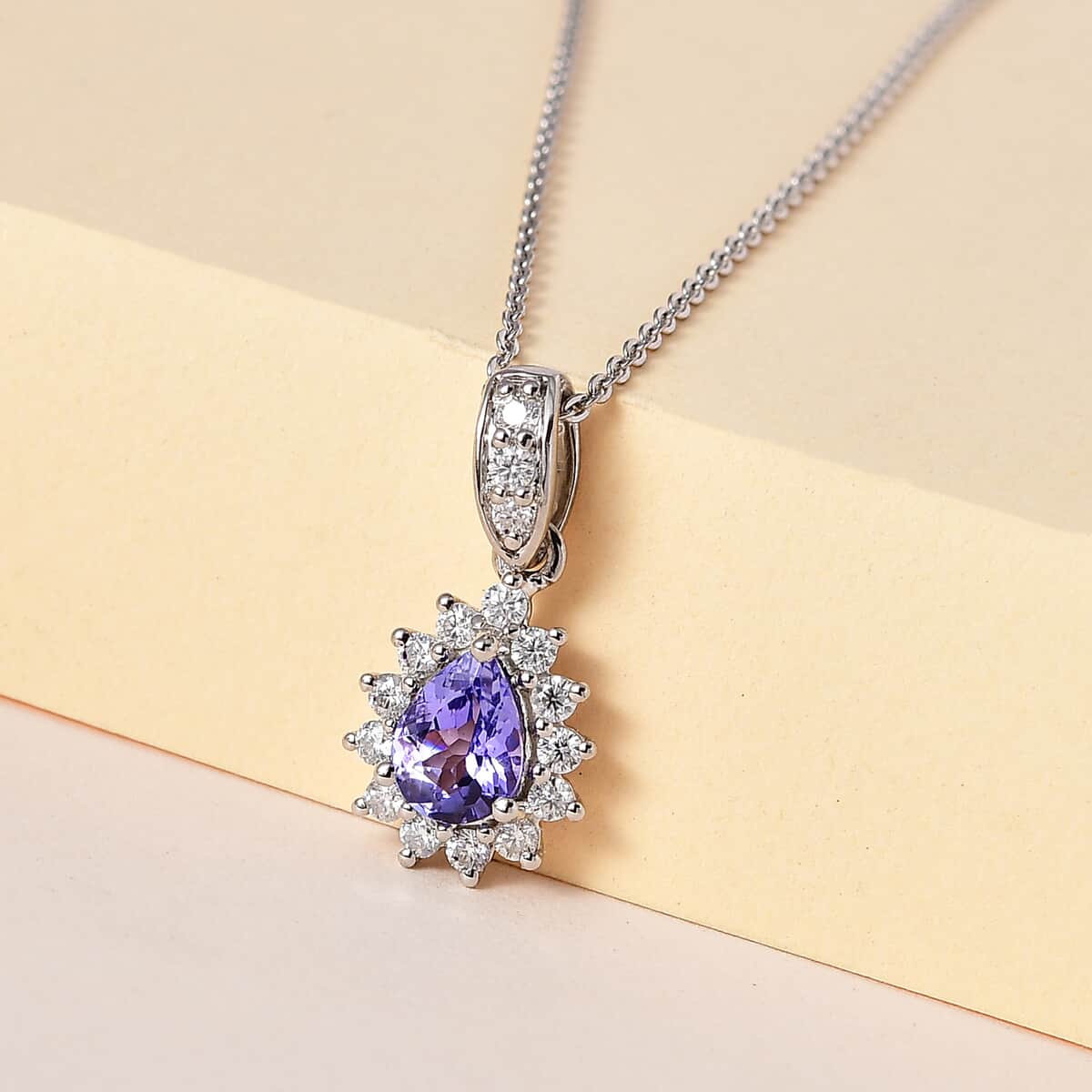 Tanzanite and Moissanite Sunburst Pendant Necklace 20 Inches in Platinum Over Sterling Silver 1.00 ctw image number 1