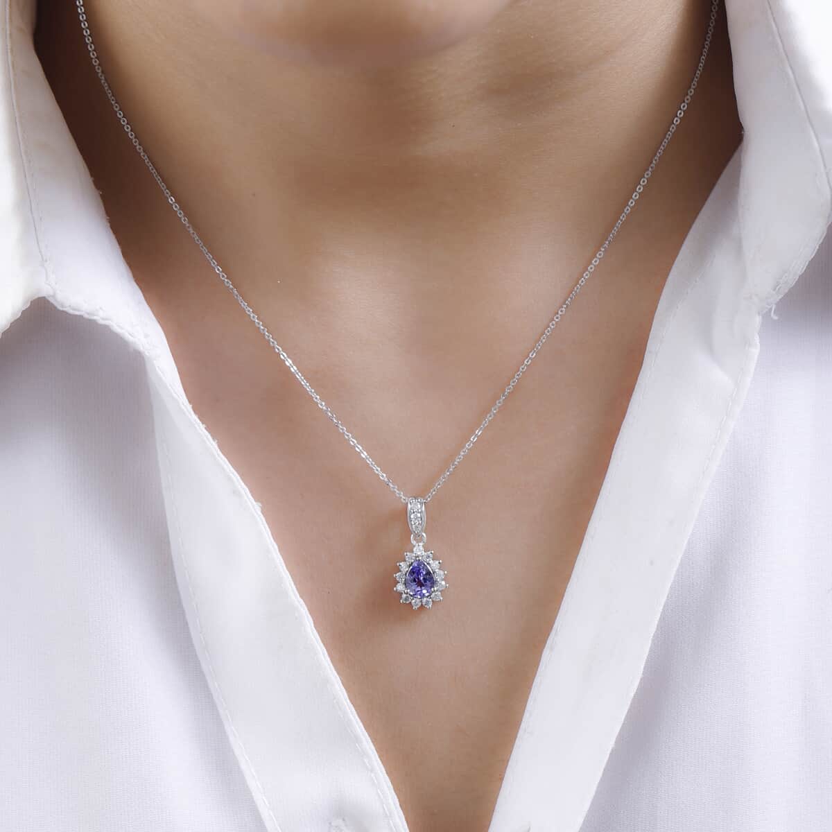 Tanzanite and Moissanite Sunburst Pendant Necklace 20 Inches in Platinum Over Sterling Silver 1.00 ctw image number 2