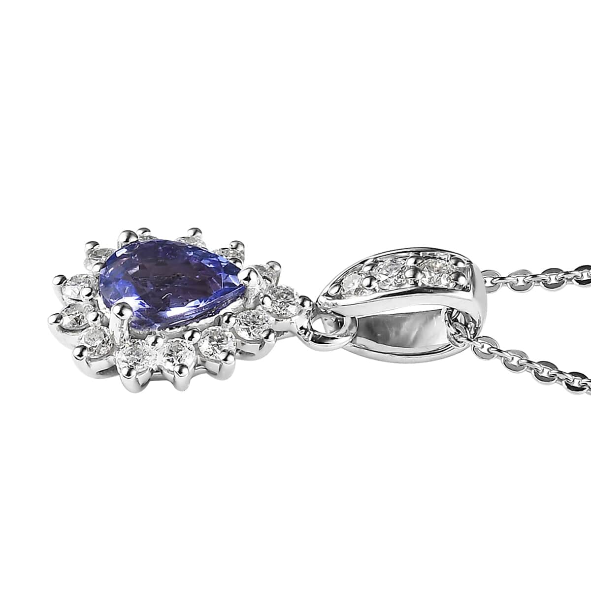 Tanzanite and Moissanite Sunburst Pendant Necklace 20 Inches in Platinum Over Sterling Silver 1.00 ctw image number 3