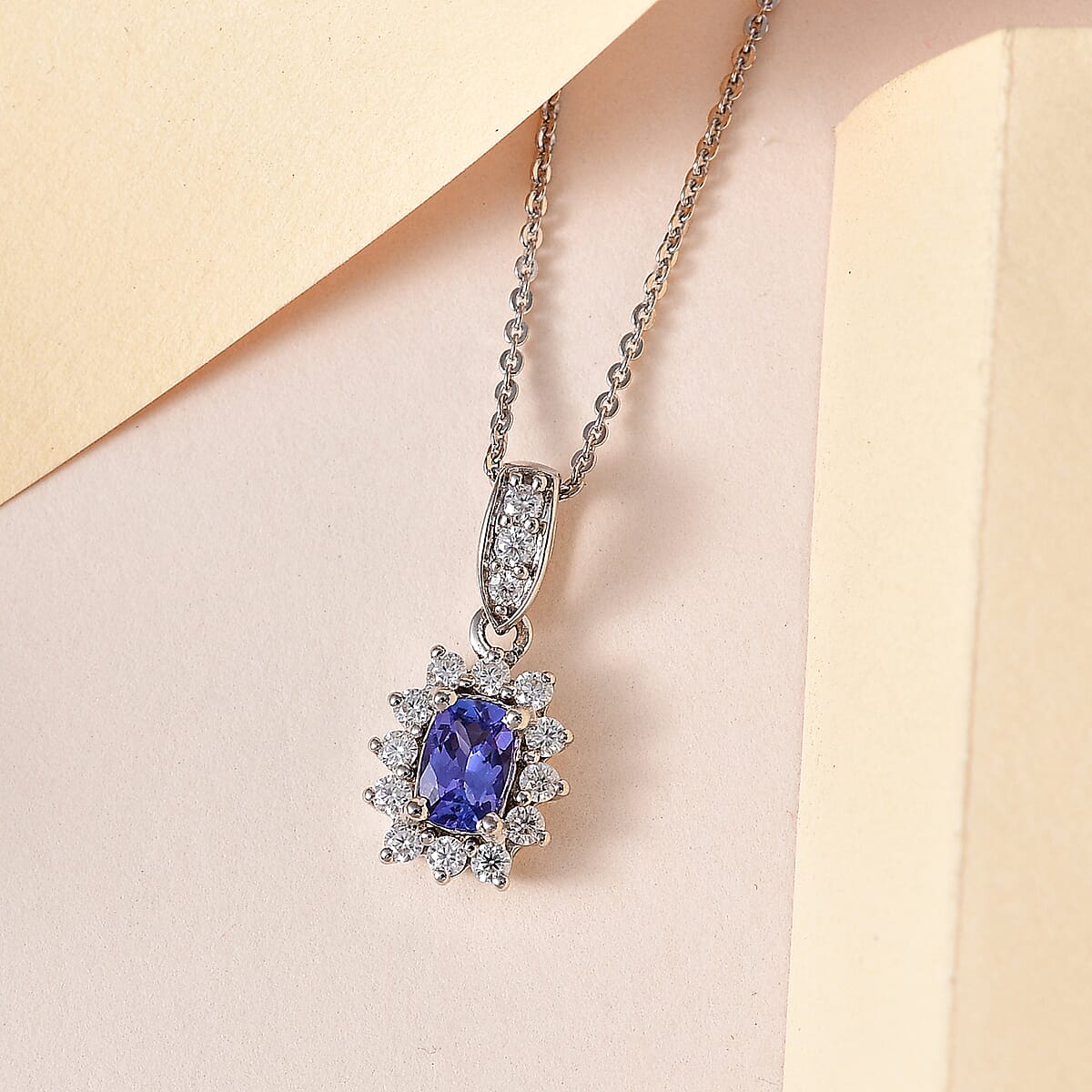 Tanzanite and Moissanite Sunburst Pendant Necklace 20 Inches in Platinum Over Sterling Silver 0.90 ctw image number 1