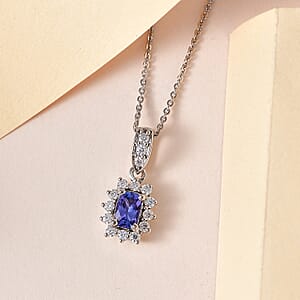 Tanzanite and Moissanite Sunburst Pendant Necklace 20 Inches in Platinum Over Sterling Silver 0.90 ctw
